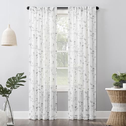 No. 918 Delia Embroidered Floral Sheer Rod Pocket Curtain Panel, White, 50" W x 96" L (1 Panel) - color: White, size: 50"W x 96"L (Pack of 1)