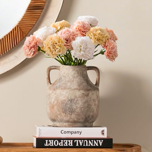 Mitt&Ditt Ceramic Flower Vase with Handles, 8 inch Tall Off-White Vase, Decorative Terracotta Vases, Farmhouse Rustic Pottery Vases for Home Decor, Living Room, Table - color: A-8"h-terracotta