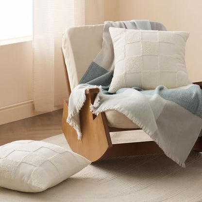 Double Stitch 100% Cotton Tufted Boho Checkered Throw Pillow Covers, Cream - color: Cream, size: 20" x 20" (Pack of 2)
