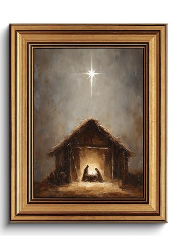 Vintage Gold Framed Christmas Wall Art Christian Nativity Canvas Print - color: Holy Night, size: 10"L x 8"W