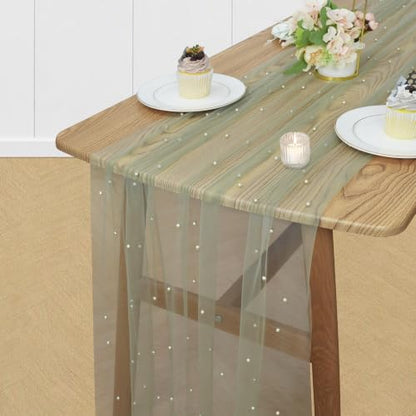 Pearl Table Runner Tulle Gauze Sheer Wedding Party Home Decor - color: Sage Green