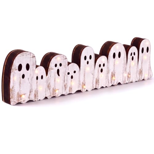Yousoontic Halloween Ghost Decor, Light up Wooden Ghosts Table Centerpiece - style: Ghost