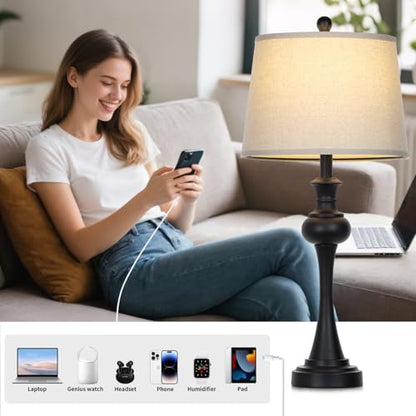 Cinyirong 28.75" Black Modern Table Lamps for Living Room, Bedside Lamp with USB A+C Ports & AC Outlets, 3 Way Dimmable Touch Lamps for Living Room,Nightstand Lamp LED Bulb Included (1Pack - color: 1Pack-Black