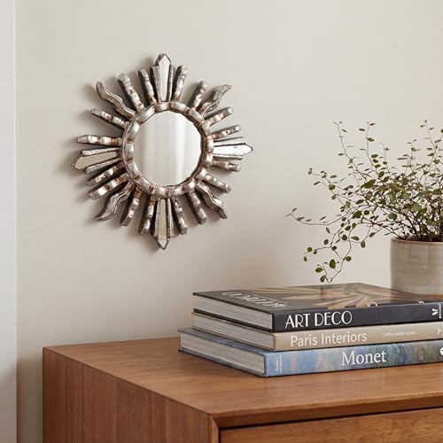 Peruvian Sunburst Small Wall Mirror 6" - Handmade Antique Silver Leaf on Mohena Wood - Vintage Round Decorative Mirror for Gallery Wall (Silver)