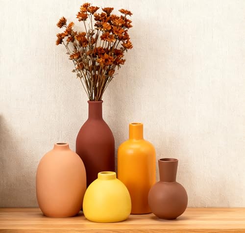 Ceramic Vase Set of 5, Neutral Modern Farmhouse Decorative Vases - color: Reddish Brown/Yellow/Orange/Yellow/Brown
