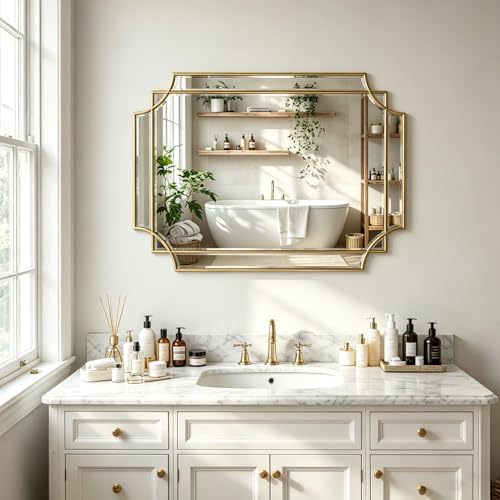 30"x20" Geometric Rectangle Beveled Mirror with Gold Wood Frame - color: Gold, size: 30"L x 20"W