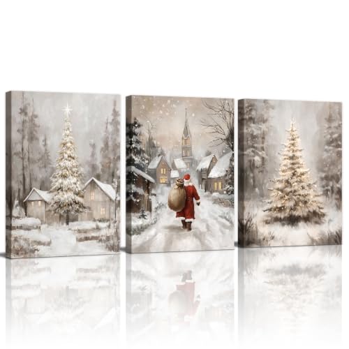 Christmas Pine Trees Winter Snow Scene Canvas Wall Art Painting 16"x24"x3 - color: Holiday-Christmas Santa, size: 16"x24"x3Pcs