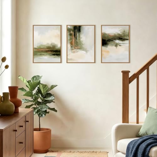 KAIRNE Green Brown Abstract Neutral Framed Canvas Wall Art Set-12"x16"x3 - color: Green Abstract Wall Art, size: 12"L x 16"W