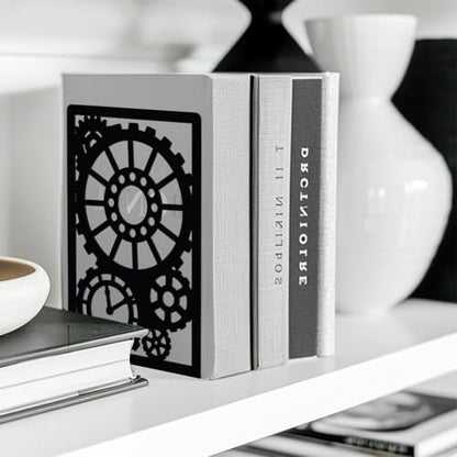 Peacoblue 5.3"x4.3"x7.9" Metal Bookends, Heavy Duty Book Ends for Shelves - style: Steampunk Gear