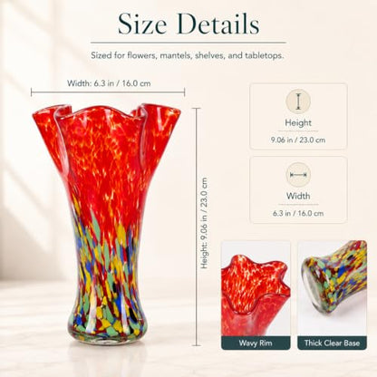 LCCCK 9.0" H Red Glass Vases for Flower, Unique Hand Blown Glass Vase - color: Red Green