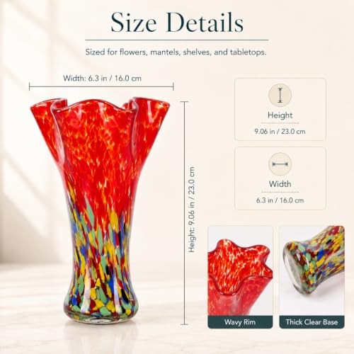 LCCCK 9.0" H Red Glass Vases for Flower, Unique Hand Blown Glass Vase - color: Red Green