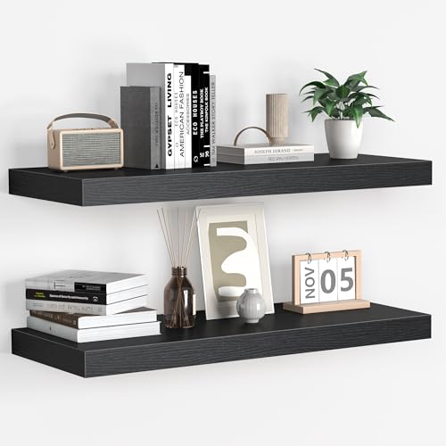 Fun Memories Floating Shelves - 2 Pack 9 Inch Rustic Wooden Wall Shelves - Extra Deeper & Thicker Wall Mounted Storage Shelf for Living Room, Kitchen, Farmhouse - 24" W x 9" D x 1.6" H - Rustic Black - color: Black, size: 23.6"L x 10.3"D