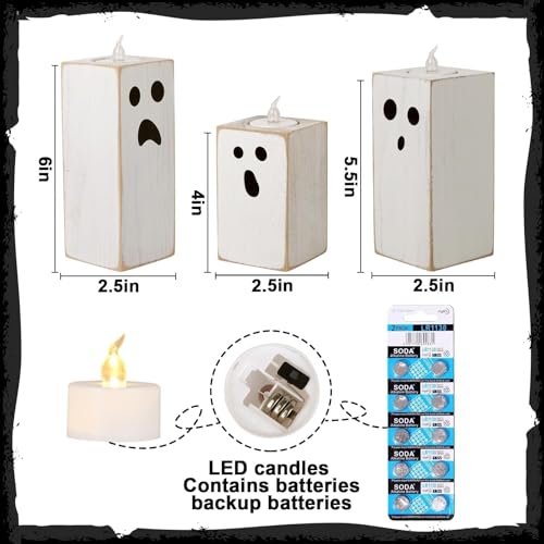Halloween Decorations: 3pcs Cute White Ghost Decor, Farmhouse Wooden Ghost Sign with Flameless LED Tea Lights, Rustic Room Decor for Kids Home Office School Desk Fireplace - style: Tea Lights Ghost