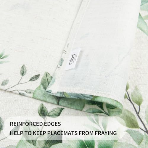 QiyI Boho Table Placemats Set of 4, 12"x18" Linen Place Mats, Green Leaves - color: Green Leaves Border, size: Set of 4