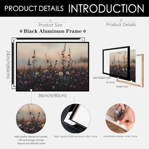 Moody Floral Landscape Wall Art Vintage Autumn Flower Poster 24X36 inch Black Framed Dark Academia Wildflower Painting Canvas Prints for Modern Rustic Farmhouse Wall Decor - color: Vintage-4, size: 36"L x 24"W, style: Framed