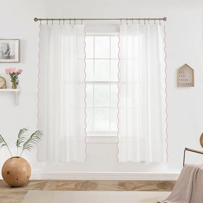 DriftAway Semi Sheer Scalloped Edge White Coastal Beach Window Curtains for Living Room Bedroom 2 Panels Rod Pocket Each Size 52 Inch by 63 Inch Pink - color: White Pink, size: 52"W x 63"L (Pack of 2)