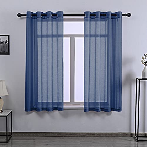 DONREN Navy Blue Sheer Curtains 63 Inch Length for Boy's Room - 2 Panels Dark Blue Grommet Elegant Semi Voile Window Drapes for Bedroom 52 W x 63 Inches Long - color: Navy Blue, size: 52"W x 63"L (Pack of 2)