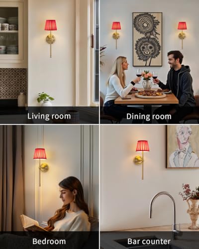KDG Gold Cordless Wall Sconces Set of 2, Red Fabric LED Wall Lamps - color: Gold + Red Lampshde (2 Pack)