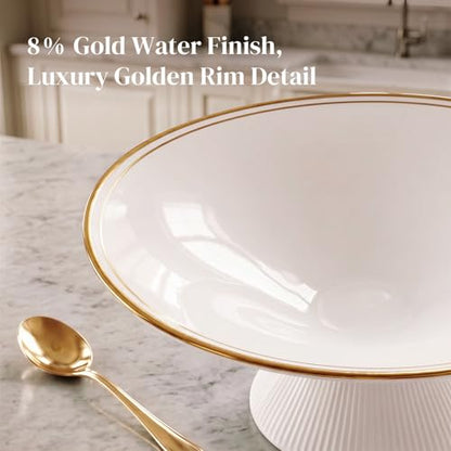 DOWAN 9 Inch Gold Rimmed Footed Decorative Bowl, 42% Bone China Fruit Bowl with Double Gold Line Design, European Ceramic Bowl for Entryway Coffee Table Decor & Storage, Dishwasher Safe