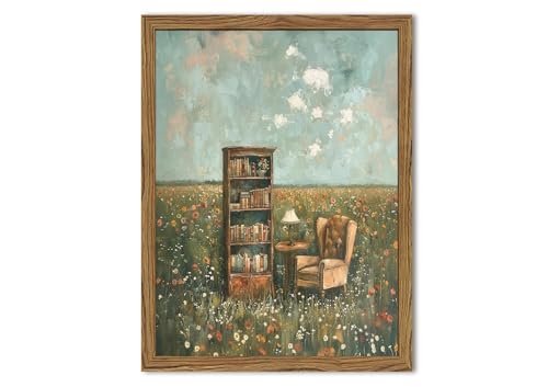 Vintage Whimsical Book Lover Wall Art, Impressionist Flower Field Painting Decor, Rustic Book Nook Canvas Prints, Bookish Gifts French Country Artwork for Bedroom Living Room 10x8 inch Wood Framed - color: bookshelf, size: 10"L x 8"W