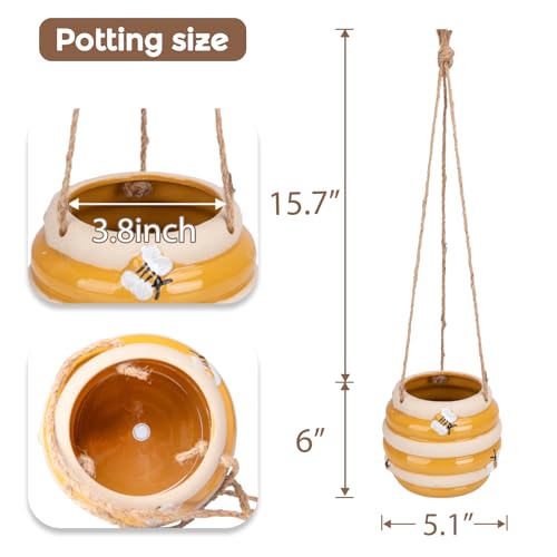 Hanging Ceramic Planter 5 Inch Cute Bee Plant Pots - color: Yellow