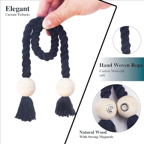 4 Pack Magnetic Curtain Tiebacks Cotton Hand Woven Tie Back Decorative Rope Holdbacks for Curtains Draperies No Tools Required, Navy - color: Navy