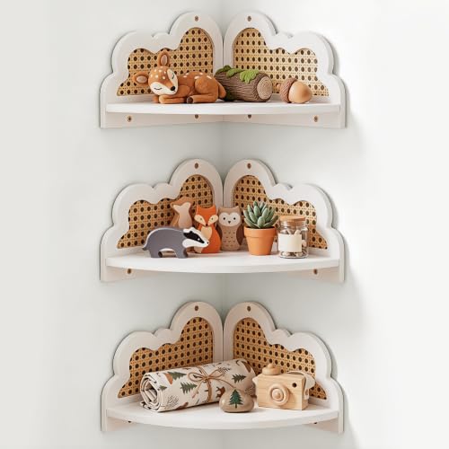 3 Pcs Cloud Floating Corner Shelf Set Boho Rattan Storage with Natural Pine Wood Frame Cute Corner Shelves for Wall Home Decor Bedroom Kitchen Bathroom (White) - color: White