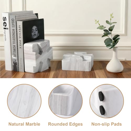 Decorative Square Marble Bookends for Heavy Books – Unique Book Ends for Shelves – Modern Aesthetic Book Holder/Stopper with Non-Slip Pads for Chic Home, Office, or Library Decor, Volakas - style: Square-Volakas