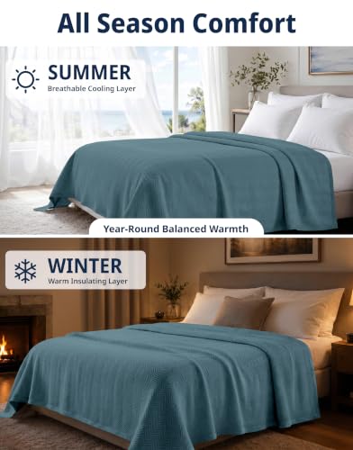 LANE LINEN Cozy Blanket Queen, 100% Cotton Textured Herringbone Weave - color: 07: Teal, size: Queen