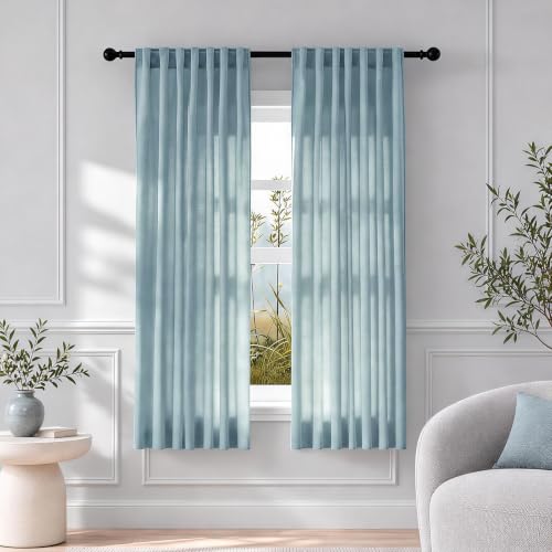 Mist Blue Sheer Linen Curtains for Living Room Bedroom 63 Inches Long - color: Mist Blue, size: 52"W x 63"L (Pack of 2)