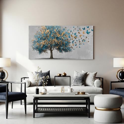 YISXINOAG Blue Gold Tree of Life Wall Art Butterfly Landscape Print 20"X40" - color: grey green, size: 40"L x 20"W