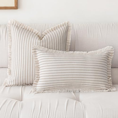 YEENAASY Throw Pillow Covers 20x20 Boho Striped Pillow Cases with Tassel - color: Khaki, size: 20" x 20" (Pack of 2)