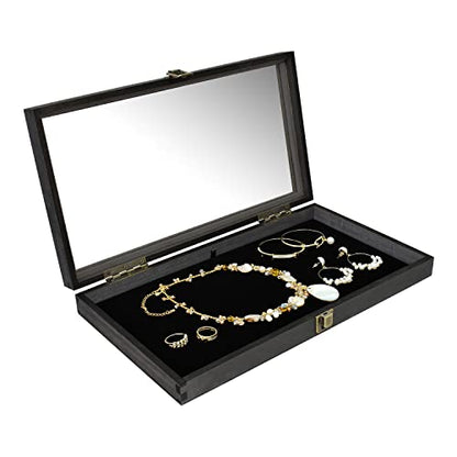 MOOCA Wooden Jewelry Display Case, Pocket Knife Display Case with Tempered Glass Top Lid and Removable Black Luxurious MDF Velvet Jewelry Pad, Black Color - color: 2) Black