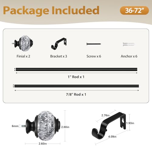 1 Inch Curtain Rods 36 to 72 Inches (3 to 6 ft) Telescoping Single Drapery Rod, USFOOK Black Curtain Rods for Windows 24 to 68 Inches with Translucent Finials - color: Black, size: 36-72"