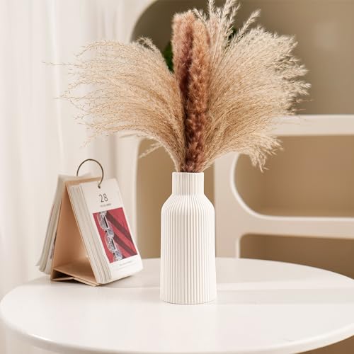 Bohemian White Ceramic Vase - for Pampas Grass, Mantel, Bookshelf, Entryway and Living Room Decor (White, 7in) - color: White, size: 7in-Round