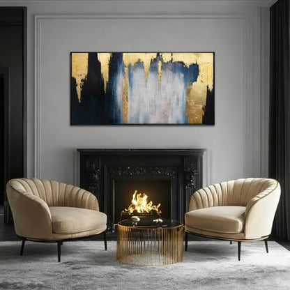 Framed Blue Gold Abstract Canvas Wall Art for Living Room 24x48 Inch - color: Blue and Gold, size: 48"L x 24"W