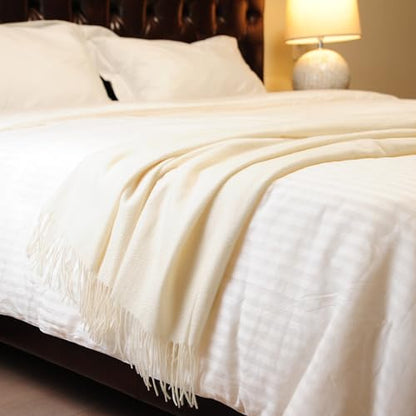 CUDDLE DREAMS Premium Cashmere Throw Blanket with Fringe (Ivory) - color: Ivory