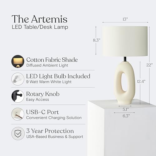 Brightech Artemis LED Table Lamp - Unique, Modern, Natural Ceramic Lamp for Bedside, Nightstand, Desk - Cozy, Chic Home Decor, Warm White Light and USB-C Charging for Living Room, Bedroom, Entryway
