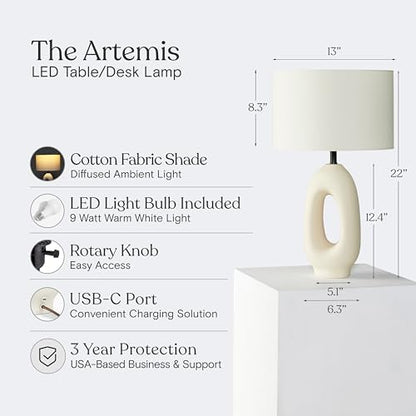 Brightech Artemis LED Table Lamp - Unique, Modern, Natural Ceramic Lamp for Bedside, Nightstand, Desk - Cozy, Chic Home Decor, Warm White Light and USB-C Charging for Living Room, Bedroom, Entryway