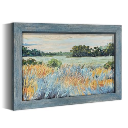 summer melody Abstract Landscape Natural Wood Framed Wall Art 24x16 Inch - color: Teal, size: 24"L x 16"W