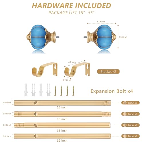 Ceramic Curtain Rods for Windows 18 to 55 Inch 1 Inch Adjustable - color: Gold Blue, size: 18"-55"