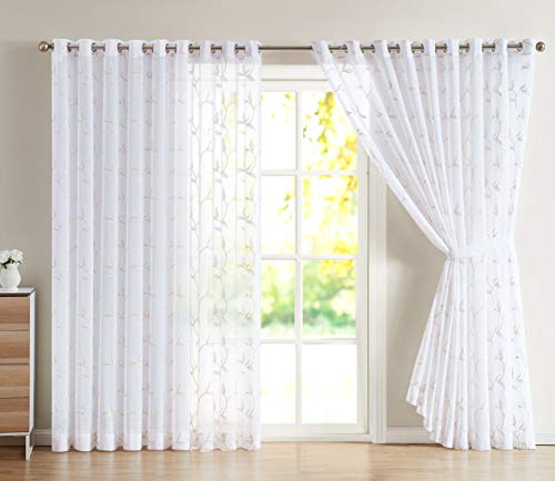 LinenZone Extra Wide Linen Leaves Sheer Curtains. (Maria 108x100 Linen) - color: Golden Linen, size: 108"W x 100"L (Pack of 2)