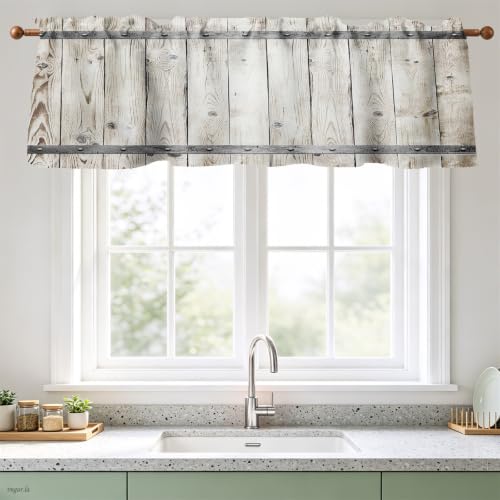 Renaiss 42x18 Inch Rustic Wooden Barn Door Kitchen Window Curtains Over Sink Vintage Wooden Farmhouse Half Window Curtains Cafe Dining RV Camper Valance Curtains Rod Pocket Window Drapes Linen Fabric - color: Grey-a, size: 42"W x 18"L (Pack of 1)