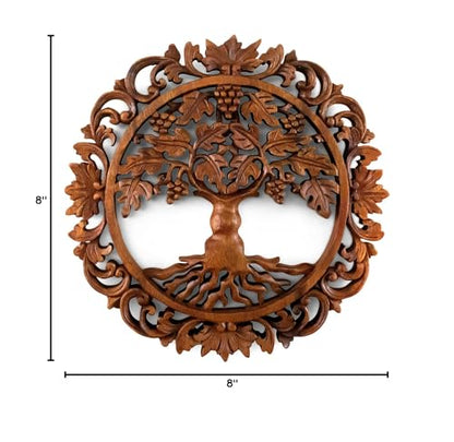 G6 Collection 12" Wooden Hand Carved Tree of Life Wall Art Relief Panel Handcrafted Wall Plaque Gift Home Decor Accent Handmade Wood Decoration Rustic Artwork Floral (Grapevine)