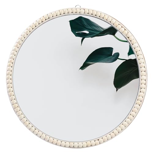 15 Inch Boho Beaded Round Mirror Wall Decor, Decorative Hanging Circle Nursery Mirrors for Girl Room, Farmhouse, Livingroom, Bedroom - size: 15"L x 15"W