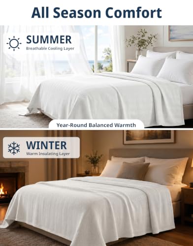 LANE LINEN Twin Blanket, 100% Cotton Textured Herringbone Weave - color: 01: White, size: Twin