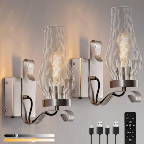 Vintage Battery Operated Wall Sconces Set of 2, Rustic Wall Lights - color: Water Ripple Nickel Sand