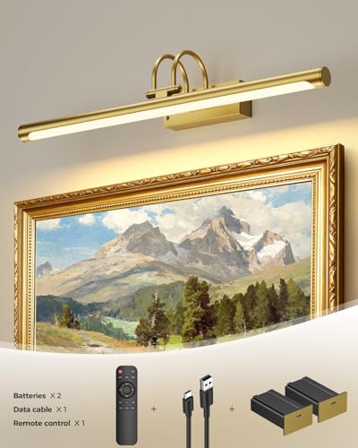 23.6″ Wireless Rechargeable Picture Light with Remote, Large Battery Operated Wall Light for Paintings & Art, Dimmable LED Gallery Lamp with Timer, Adjustable Metal Design, Electroplated Gold Finish - color: Battery Operated-Brass, size: 23.6 Inch