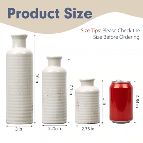 White Ceramic Vase Set of 3, Rustic Vase for Farmhouse Shelves Waterproof - color: 3pcs-crack White