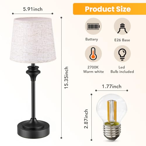NIORSUN Portables Cordless Table Lamp Set of 2, Battery Operated Lamp, Bedside Table Lamp with Warm White,3 Way Dimmable Touch Desk Lamp for Bedroom Living Room Restaurant Whtie Shade (Black) - size: 2Pack-16.5in
